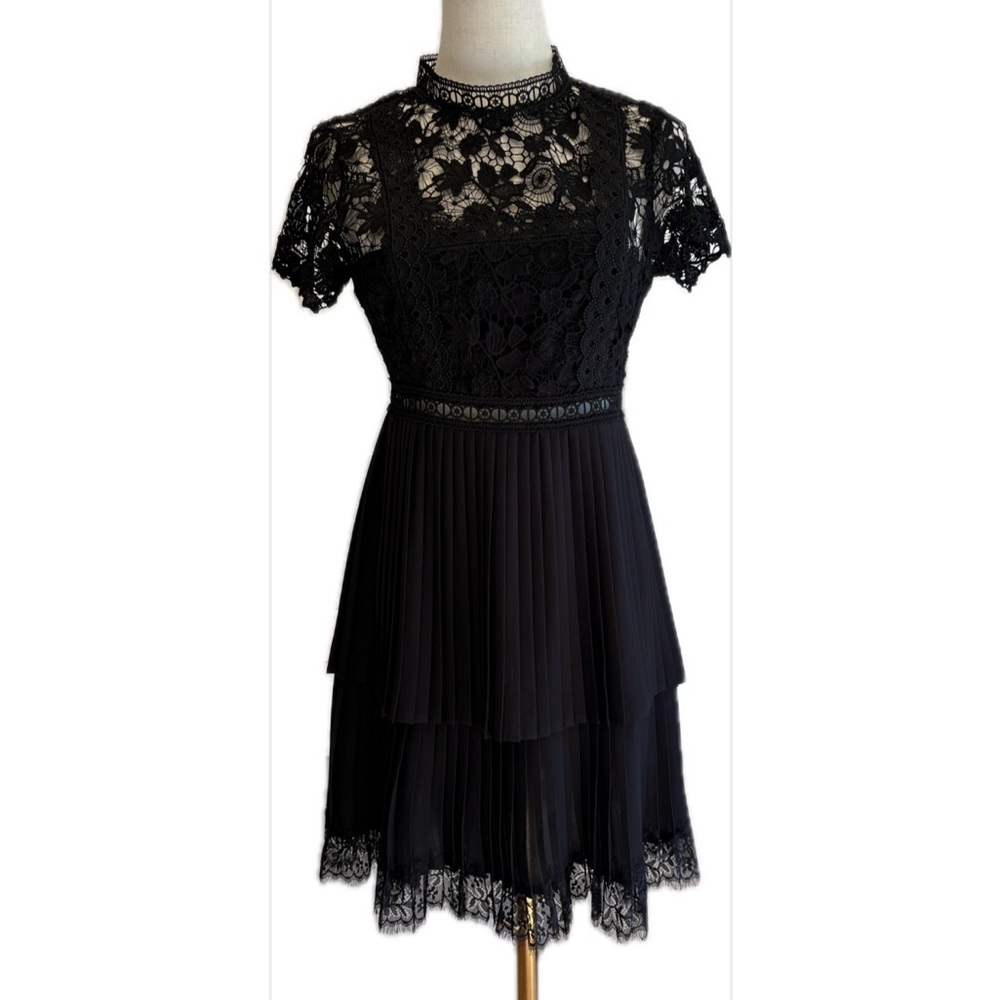 Zara NWOT Black Lace Bodice Short Sleeves Pleated Layered Skirt Lace Hemline S